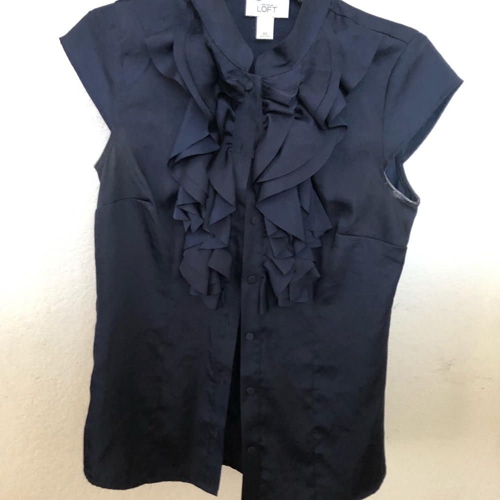 Loft Ruffle Button Down Navy Blouse - image 1